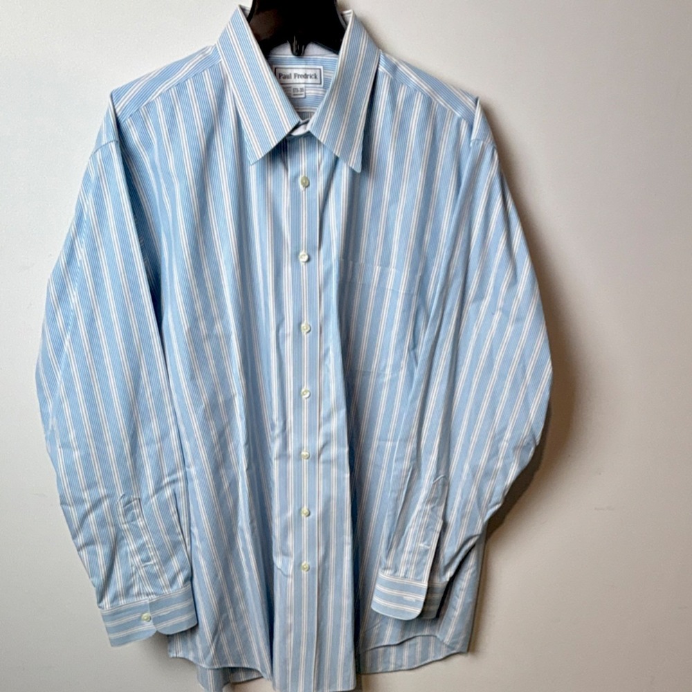 Paul Fredrick Blue White Beige Striped 100% Cotton Dress Shirt 17.5 35